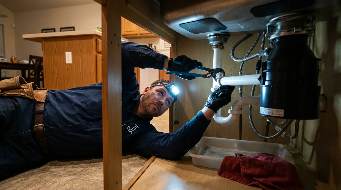 P-trap and supply line connections under a kitchen sink showing a common leak point in Mountain Home, ID